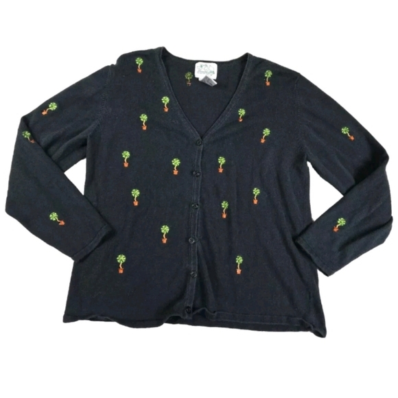 Vtg Quacker Factory Cardigan Sweater Size Medium Button Front Palm Tree Beaded - Picture 1 of 7